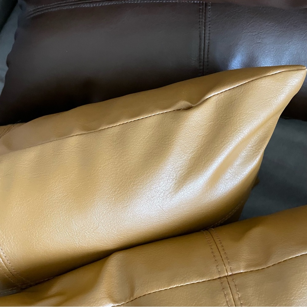 Set of Four Faux Leather Throw Pillows in Brown and Tan - Picture 7 of 9